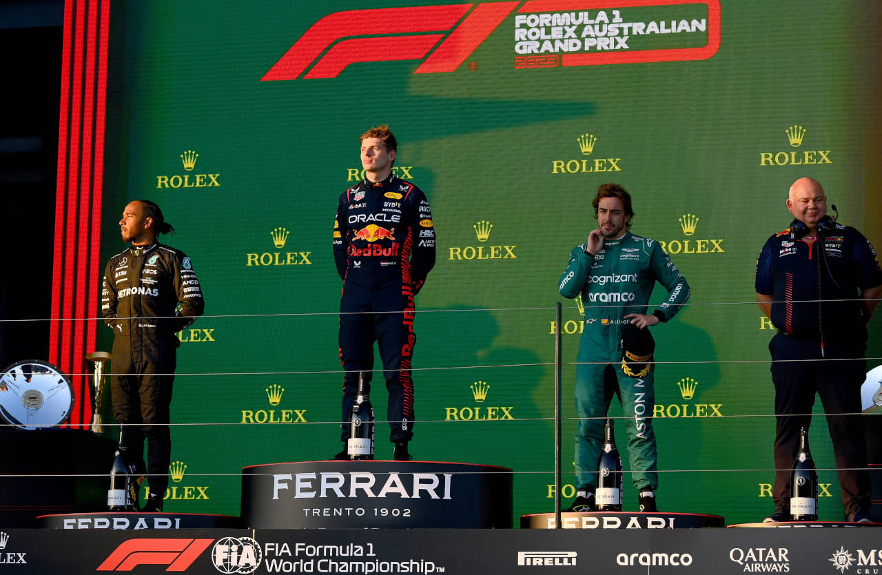 Podio GP Australia 2023: Verstappen, Hamilton, Alonso